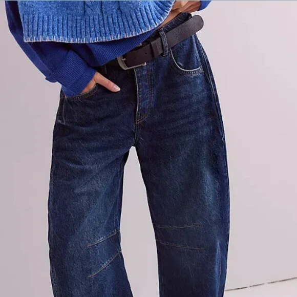 FREE PEOPLE We The Free Good Luck Mid Rise Barrel Leg Jeans in "Deep End" Sz 31 - Picture 3 of 13